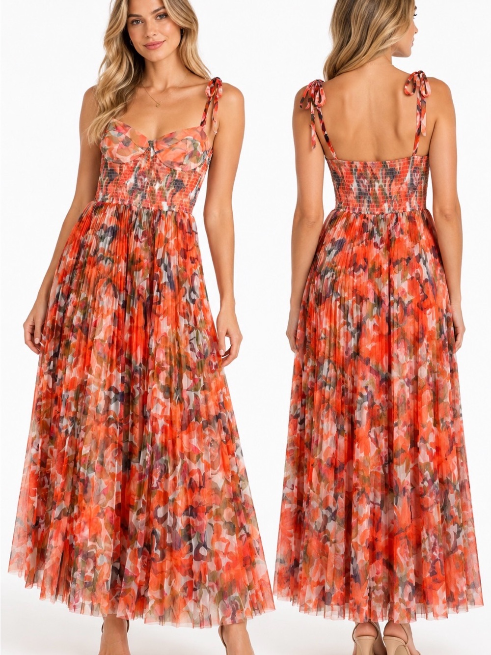 Hutch Floral Pleated Mesh Maxi Dress Corset Smocked Tie Strap Size M